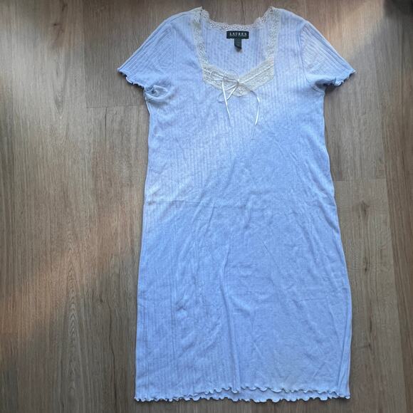 Ralph Lauren Women Nightgown Sleep Shirt Blue White Lace Short Sleeve Size M - Picture 1 of 5